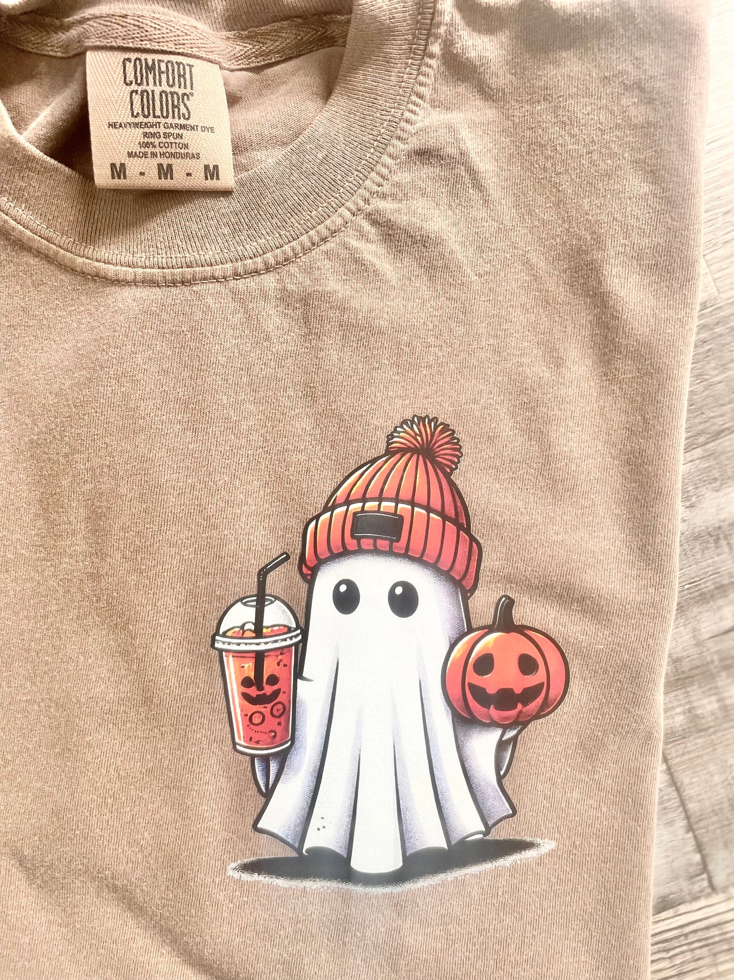 Cute Ghost Coffee Pumpkin Beanie Shirt - Spooky Season Halloween Party Tee