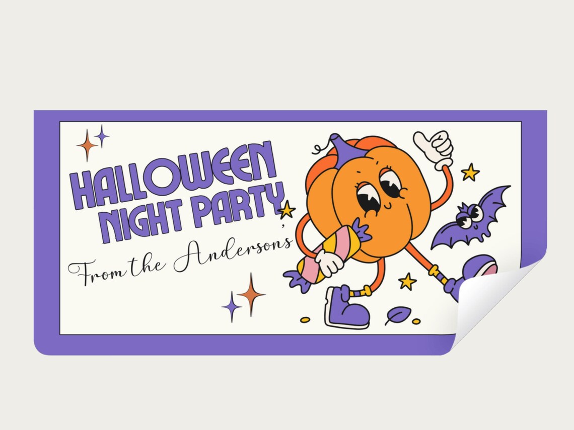 Personalized Pumpkin Halloween Party Banner – Retro Design with Cute Purple Accents