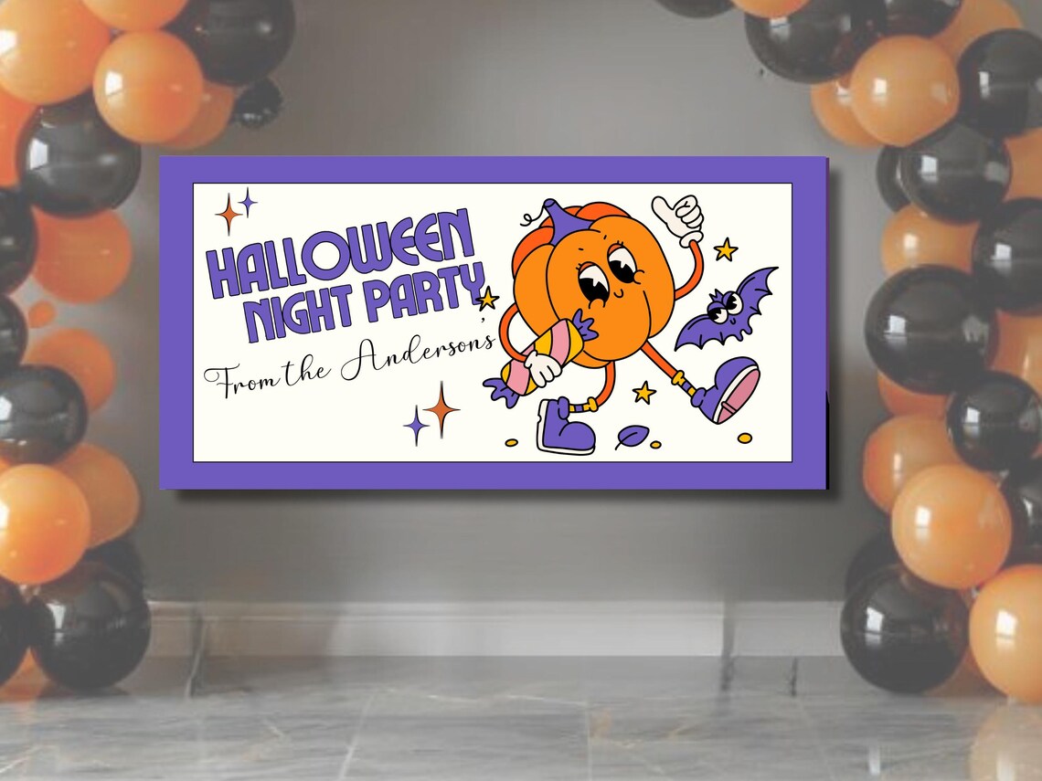 Personalized Pumpkin Halloween Party Banner – Retro Design with Cute Purple Accents