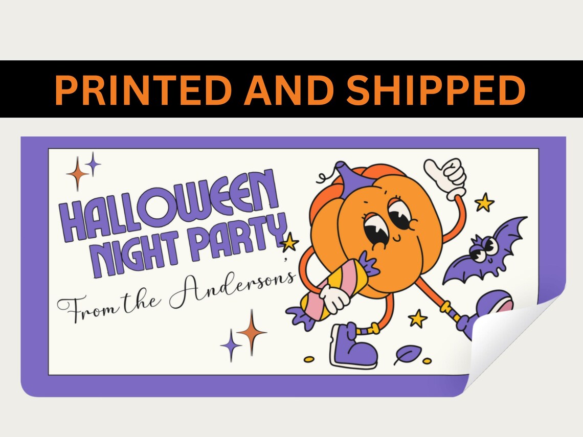 Personalized Pumpkin Halloween Party Banner – Retro Design with Cute Purple Accents