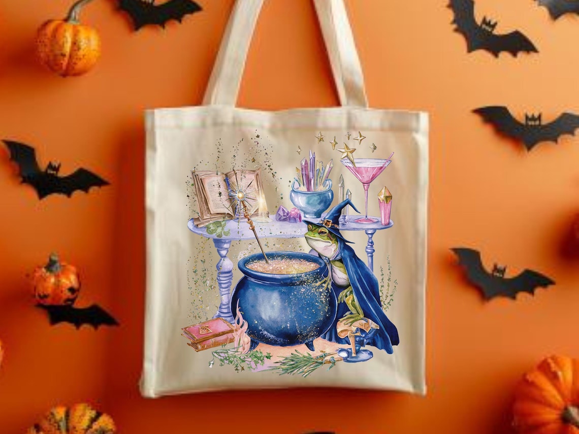 Halloween Spooky Tote Bag – Witch & Frog Retro Vintage Reusable Bag