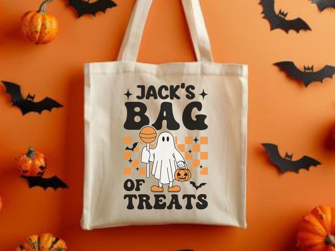 Personalized Kid Name Trick or Treat Bag – Eco-Friendly Retro Halloween School Bag