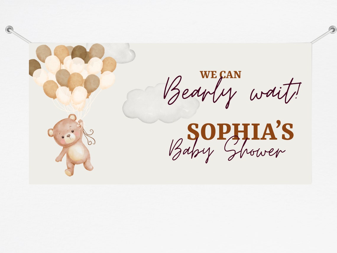 Personalized Brown Teddy Bear Welcome Baby Shower Can Bearly Wait Backdrop Banner Photo Sign Photobooth Boho Beige Neutral Party Balloon