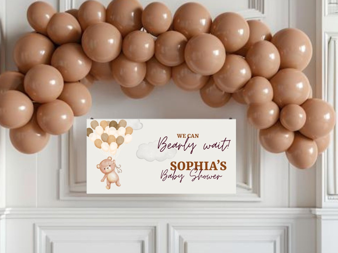 Personalized Brown Teddy Bear Welcome Baby Shower Can Bearly Wait Backdrop Banner Photo Sign Photobooth Boho Beige Neutral Party Balloon