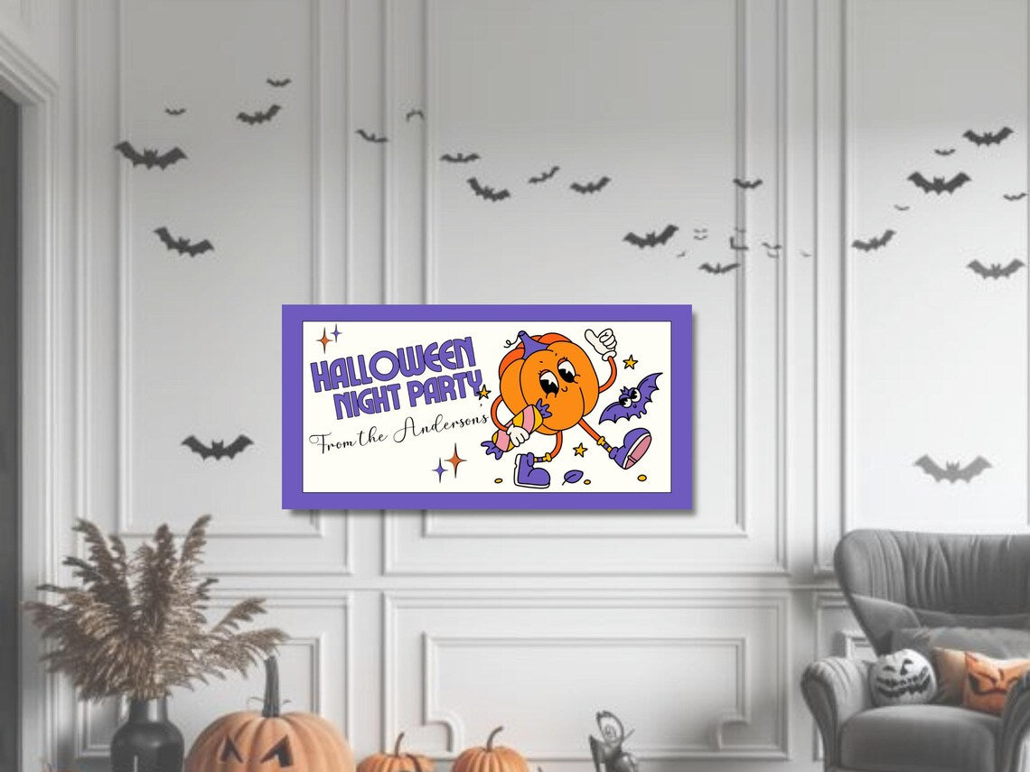 Personalized Pumpkin Halloween Party Banner – Retro Design with Cute Purple Accents