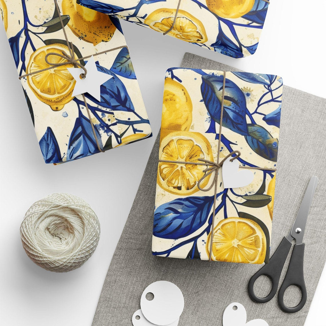 Toile Elegant Gift Wrapping Paper Royal Blue Citrus Gift idea Special Occasion wrapping paper Lemon Fruit Yellow Trendy Cute Present ideas