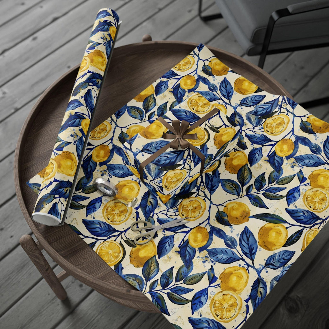 Toile Elegant Gift Wrapping Paper Royal Blue Citrus Gift idea Special Occasion wrapping paper Lemon Fruit Yellow Trendy Cute Present ideas