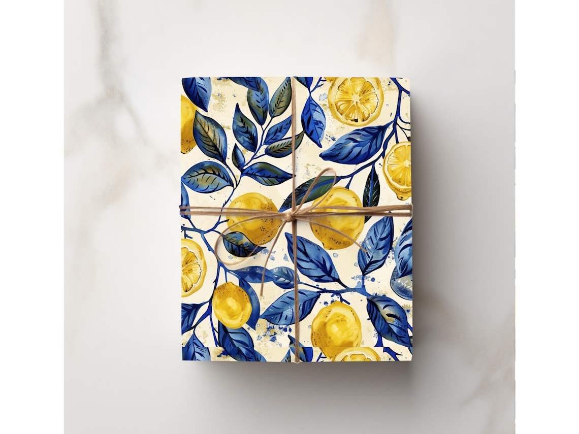 Toile Elegant Gift Wrapping Paper Royal Blue Citrus Gift idea Special Occasion wrapping paper Lemon Fruit Yellow Trendy Cute Present ideas