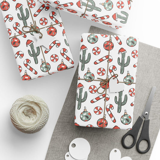 Cactus Candy Cane Greenery Christmas Wrapping Paper Ornaments Trendy Modern Style Gift Wrap Arizona Desert Wrap Pastel Red Green Watercolor