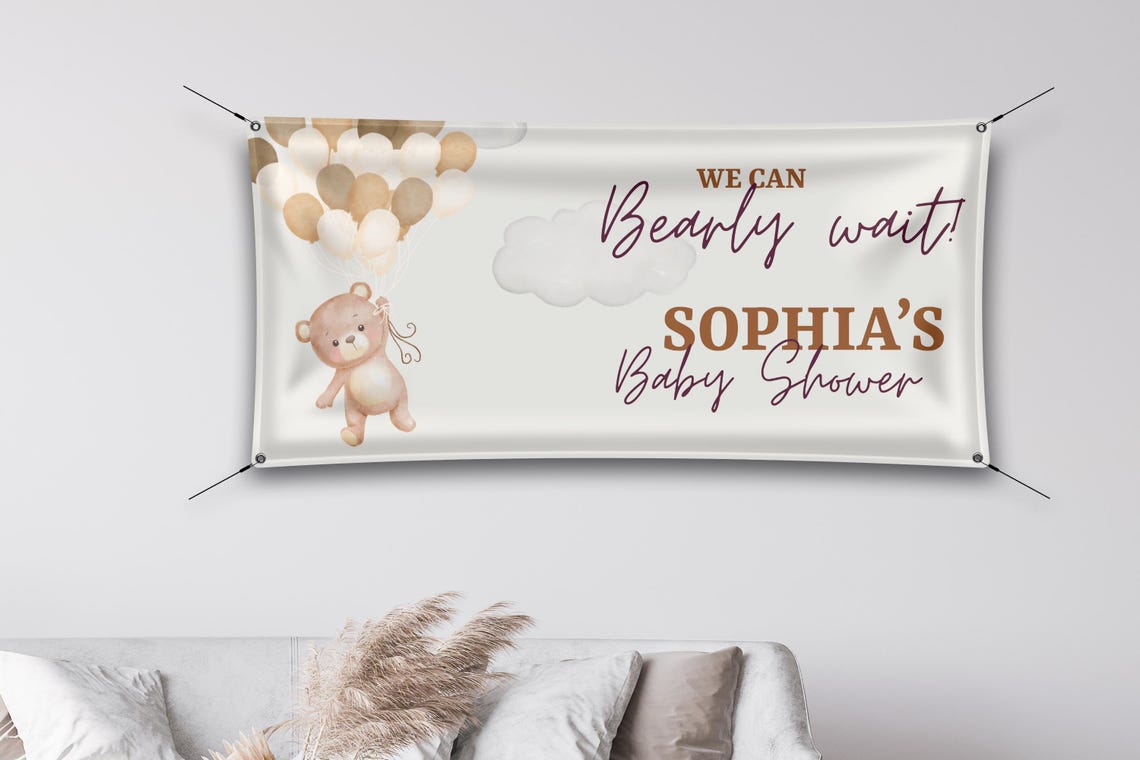 Personalized Brown Teddy Bear Welcome Baby Shower Can Bearly Wait Backdrop Banner Photo Sign Photobooth Boho Beige Neutral Party Balloon