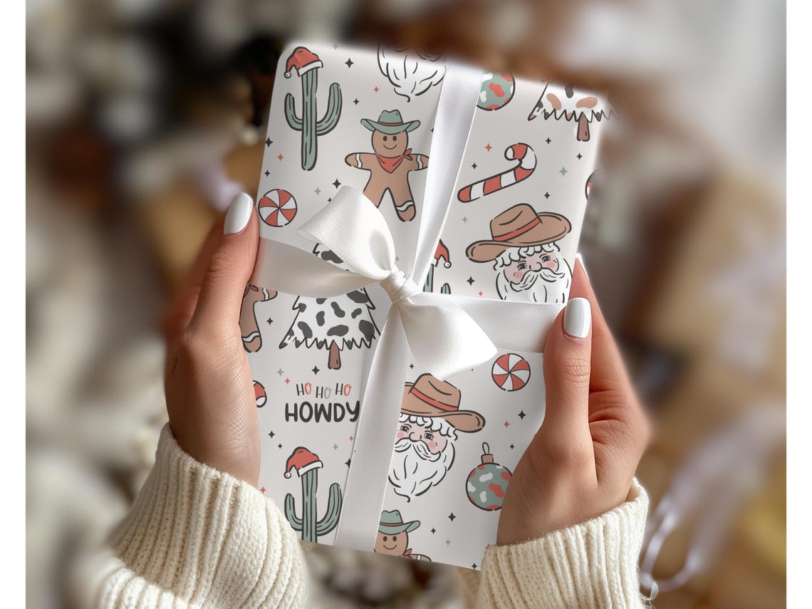 Cowboy-themed Christmas wrapping paper Santa cowboy Western holiday wrapping paper Southwestern Santa Christmas wrap Santa Clause Texas Gift