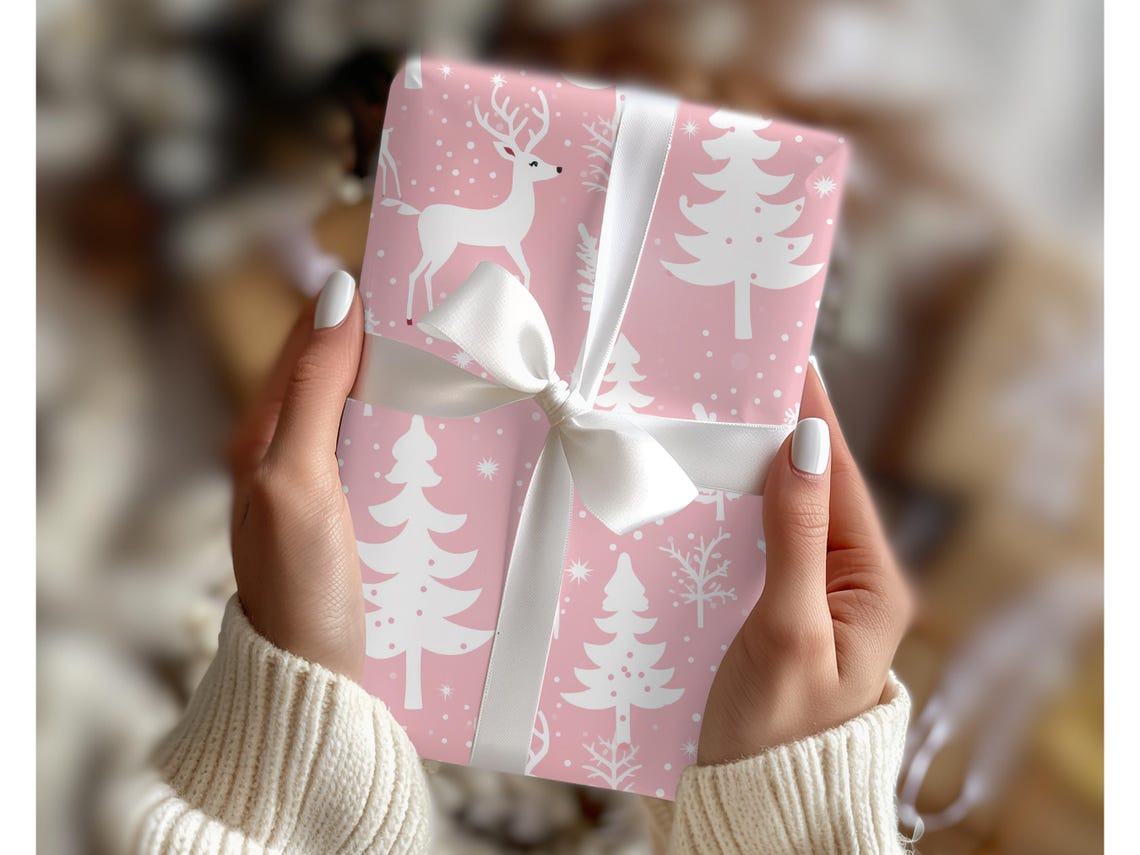 Pink Pastel Christmas Wrapping Paper Reindeer Trees White Classic Minimalist Gift Wrap Trendy Matte Glossy Seasonal Gift Wrap Xmas Holiday