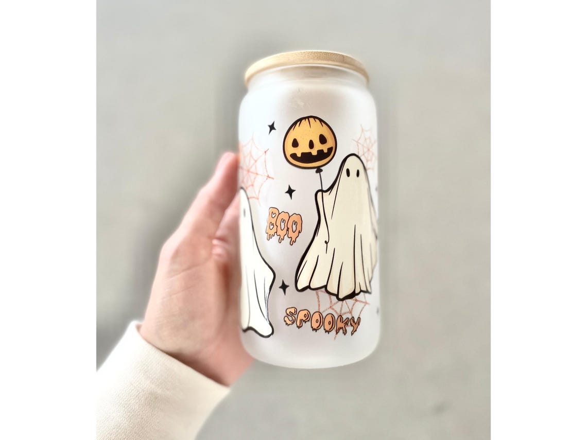 Halloween Cute Ghost Skeleton Glass Frost Tumbler Spooky Travel Cup Retro Gift for Mom Retro Coffee Cup Bamboo Lid and Straw 16oz Fall