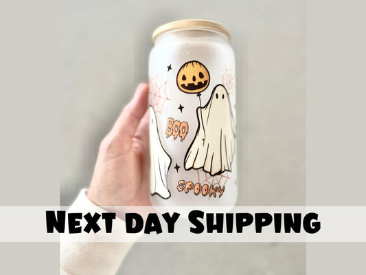 Halloween Cute Ghost Skeleton Glass Frost Tumbler Spooky Travel Cup Retro Gift for Mom Retro Coffee Cup Bamboo Lid and Straw 16oz Fall