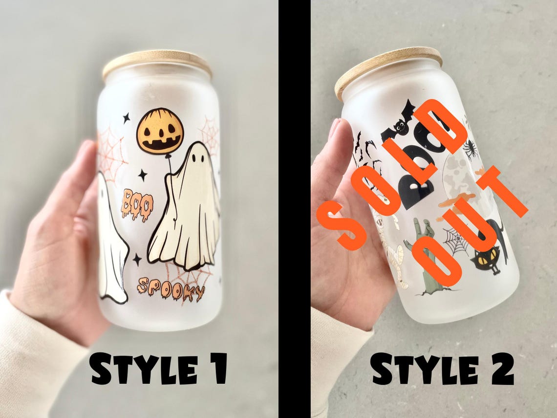 Halloween Cute Ghost Skeleton Glass Frost Tumbler Spooky Travel Cup Retro Gift for Mom Retro Coffee Cup Bamboo Lid and Straw 16oz Fall