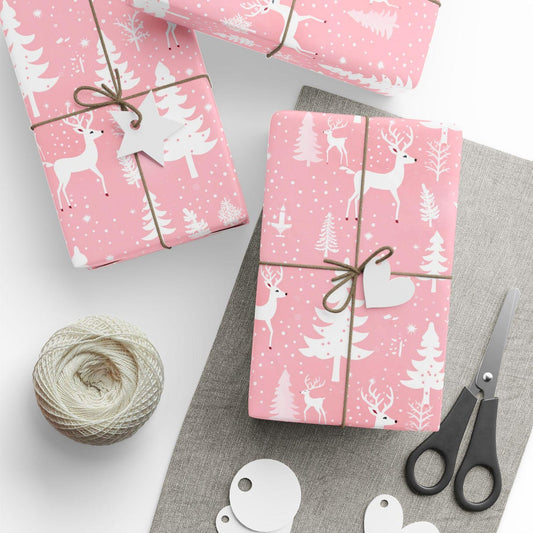 Pink Pastel Christmas Wrapping Paper Reindeer Trees White Classic Minimalist Gift Wrap Trendy Matte Glossy Seasonal Gift Wrap Xmas Holiday