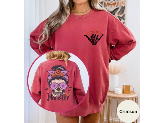 Momster Funny Top Oversized Retro Halloween Front and Back Spooky Vibes Mom Skeleton Sweater Fall Gift Crewneck Sweatshirt Comfort Colors