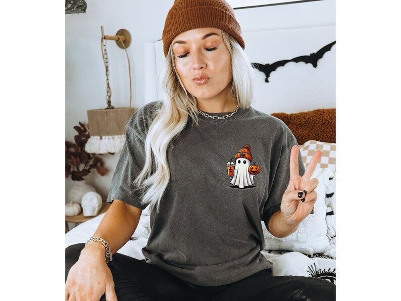 Cute Ghost Coffee Pumpkin Beanie Shirt - Spooky Season Halloween Party Tee