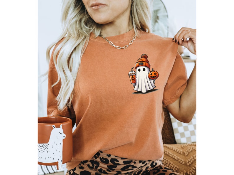 Cute Ghost Coffee Pumpkin Beanie Shirt - Spooky Season Halloween Party Tee