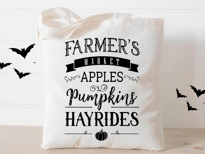 Eco-Friendly Fall Farmers Market Halloween Tote Bag – Pumpkin, Apple, Hayride Bag