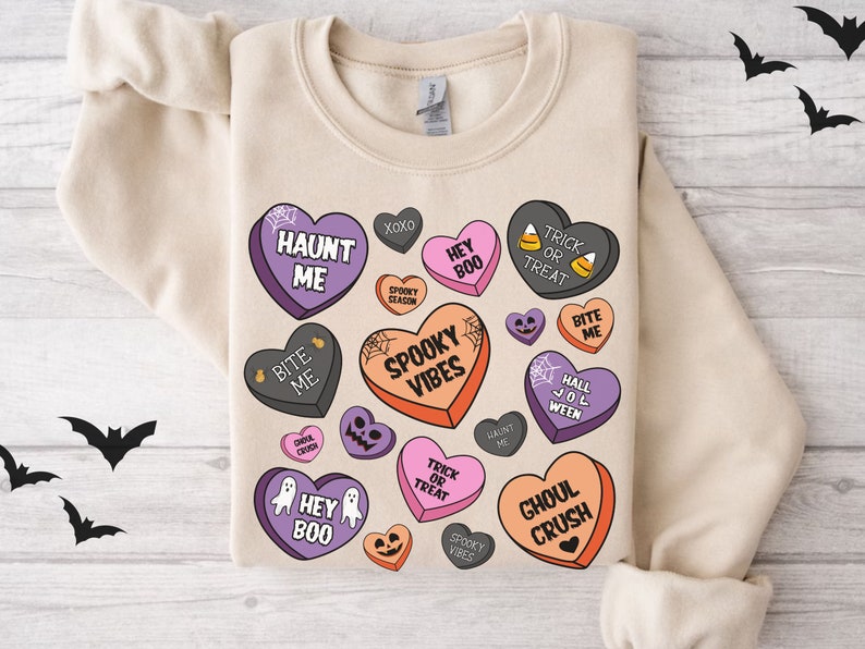 Candy Hearts Halloween Sweatshirt - Retro Spooky Vibes Sweater