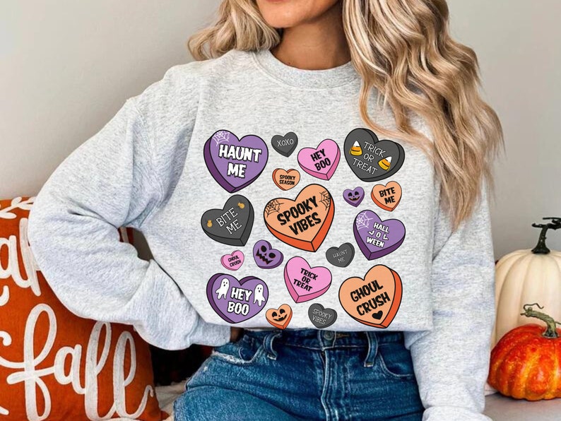 Candy Hearts Halloween Sweatshirt - Retro Spooky Vibes Sweater