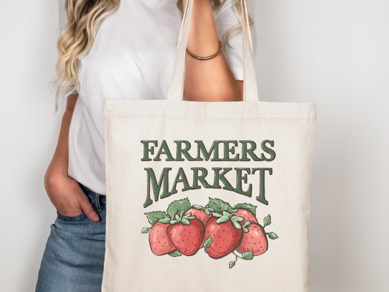 Farmers Market Tote Bag - Eco-Friendly Reusable with Strawberries Bag