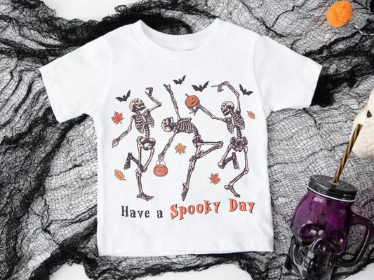 Have a Spooky Day Youth Halloween T-Shirt Funny Skeleton Kid's Top Preschool Kindergarten idea Witty