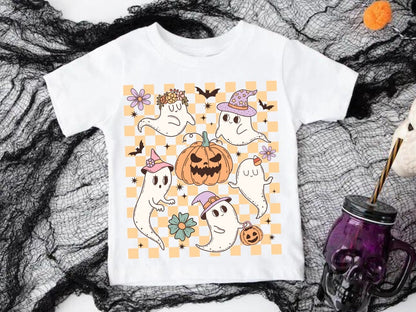 Checkered Ghost & Pumpkin Youth Halloween T-Shirt Spooky Season Kid's Witch Fall Tee