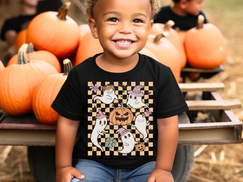 Checkered Ghost & Pumpkin Youth Halloween T-Shirt Spooky Season Kid's Witch Fall Tee