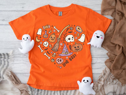 Boo Cute Ghost & Pumpkin Youth Halloween T-Shirt Spooky Season Kid's Witch Fall Tee