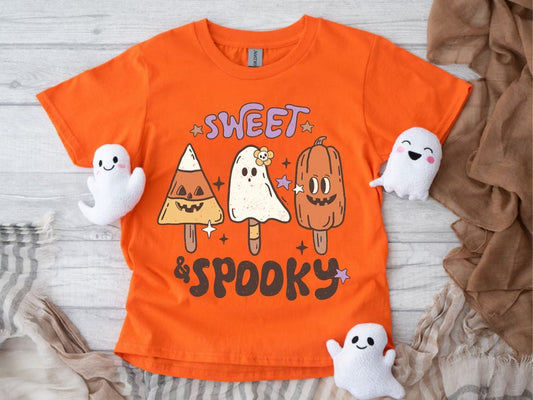 Sweet and Spooky Cute Youth Halloween T-Shirt Lollipop - Pumpkin Fall Tee