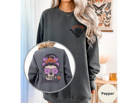 Momster Funny Top Oversized Retro Halloween Front and Back Spooky Vibes Mom Skeleton Sweater Fall Gift Crewneck Sweatshirt Comfort Colors