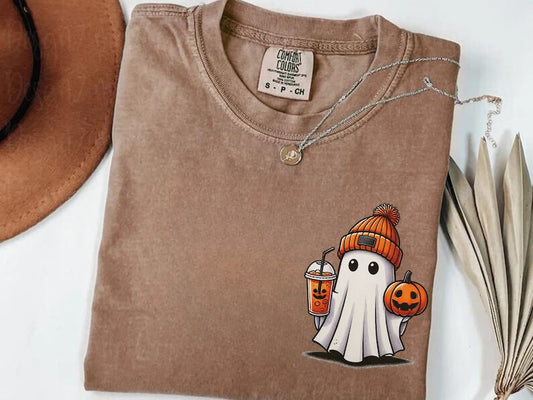 Cute Ghost Coffee Pumpkin Beanie Shirt - Spooky Season Halloween Party Tee