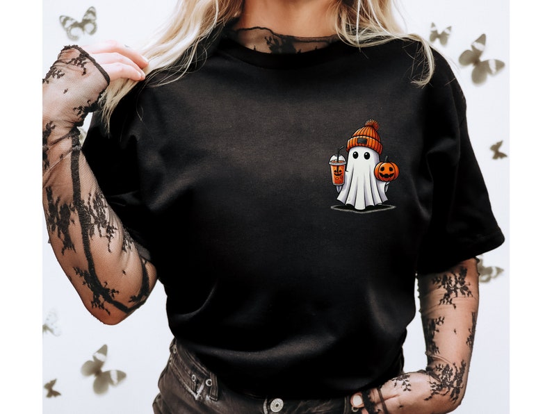 Cute Ghost Coffee Pumpkin Beanie Shirt - Spooky Season Halloween Party Tee