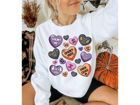 Candy Hearts Halloween Sweatshirt - Retro Spooky Vibes Sweater