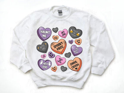 Candy Hearts Youth Halloween Sweatshirt Retro Spooky Season Kid's Sweater