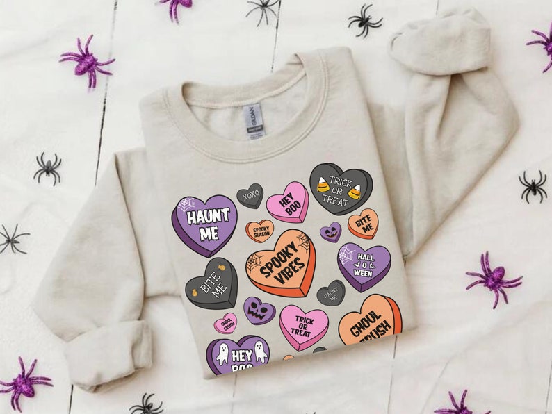 Candy Hearts Youth Halloween Sweatshirt Retro Spooky Season Kid's Sweater