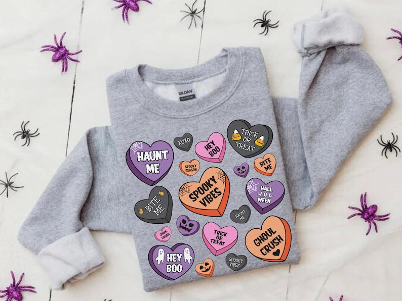 Candy Hearts Youth Halloween Sweatshirt Retro Spooky Season Kid's Sweater