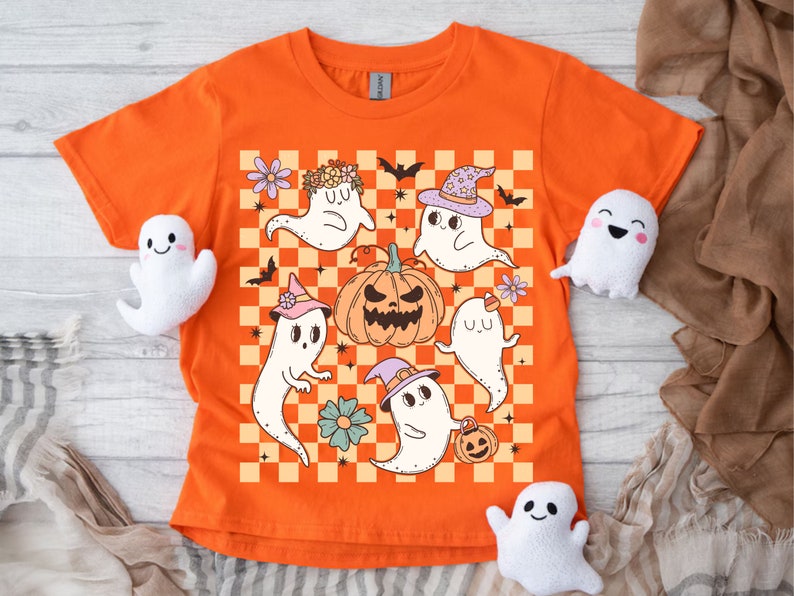 Checkered Ghost & Pumpkin Youth Halloween T-Shirt Spooky Season Kid's Witch Fall Tee