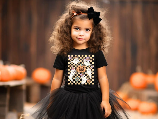 Checkered Ghost & Pumpkin Youth Halloween T-Shirt Spooky Season Kid's Witch Fall Tee