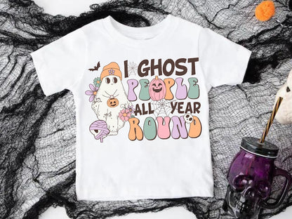 I Ghost People All Year Round Youth Halloween T-Shirt Spooky Season Kid's Top Tee