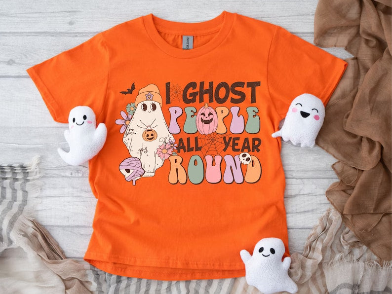 I Ghost People All Year Round Youth Halloween T-Shirt Spooky Season Kid's Top Tee