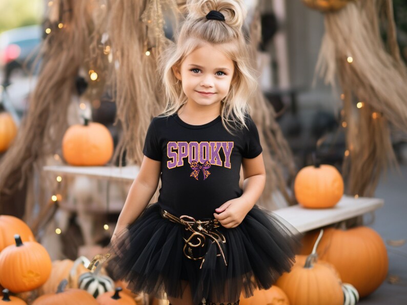 Spooky Purple Bow Leopard Girl Halloween T-Shirt Cute Youth Top Funny Fall Preschool Tee