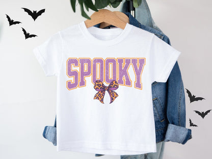 Spooky Purple Bow Leopard Girl Halloween T-Shirt Cute Youth Top Funny Fall Preschool Tee