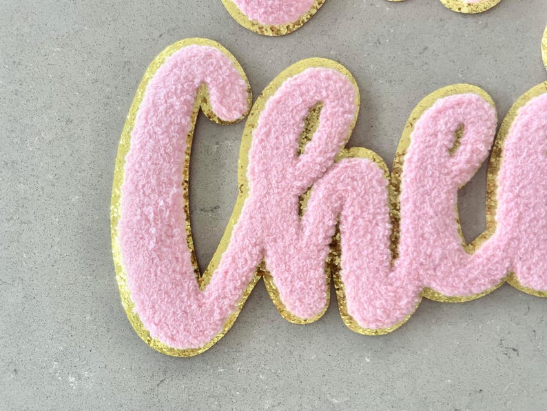 Large CHEER Ready to Press Patches Iron on For Clothing Chenille Patch DIY Applique Patch Gold Edge Patch Pink Letter Bag Coat Craft Trucker