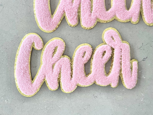 Large CHEER Ready to Press Patches Iron on For Clothing Chenille Patch DIY Applique Patch Gold Edge Patch Pink Letter Bag Coat Craft Trucker