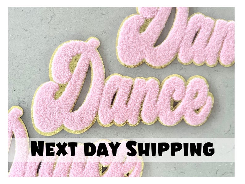 Large DANCE Ready to Press Patches Iron on Clothing Chenille Patch DIY Applique Patch Gold Edge Pink Letter Ballet Hip Hop Tap Dance Belly