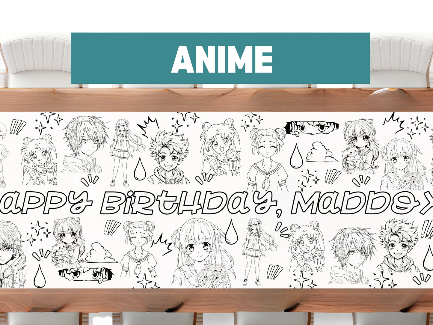 LARGE 6-foot Anime Theme Coloring Banner Personalized Birthday Poster