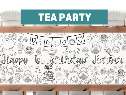 LARGE 6-foot Coloring Banner Tea Party Personalized Birthday Whimsical Table Cover